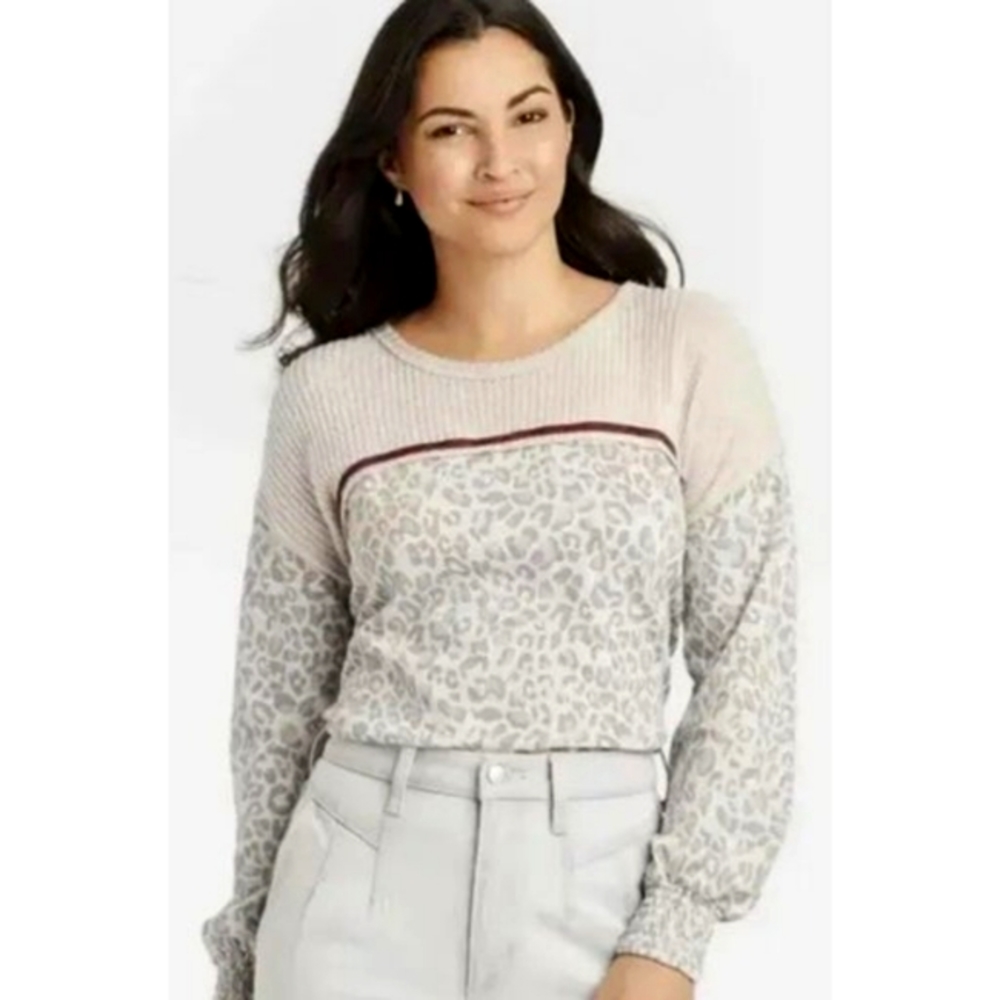 Knox Rose -- Boho Mixed Media French Terry Leopard Top